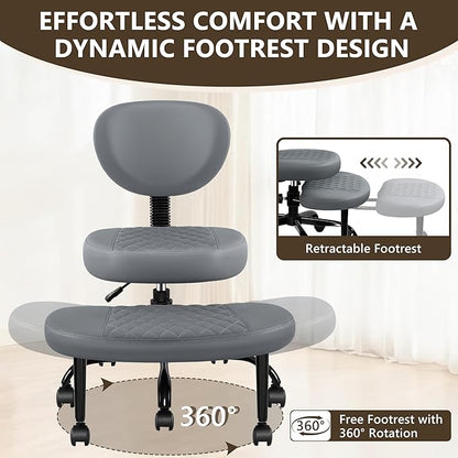 Ergonomic Cross Legged Office Chair with Wheels - Adjustable Height for Meditation, ADHD Desk & Yoga - Wide Criss Cross Design with Lumbar Support, Kneeling Chair - Dark Gray