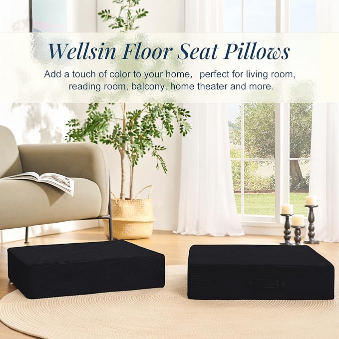 Solid Square Floor Pillows for Adults Kids - Large Meditation Floor Pillow Seating Cushion with Thick Foam & Washable Velvet Cover, 2 Pack, 22x22x5 Inch, Black