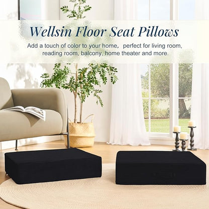 Solid Square Floor Pillows for Adults Kids - Large Meditation Floor Pillow Seating Cushion with Thick Foam & Washable Velvet Cover, 2 Pack, 22x22x5 Inch, Black