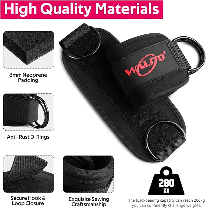 WALITO Gym Ankle Straps for Working Out - Glute Ankle Cuff Kickback Strap, Gym Cable Machine Accessories for Women Glute Leg Extensions, Hip Abductors & Lower Body Exercises Equipment
