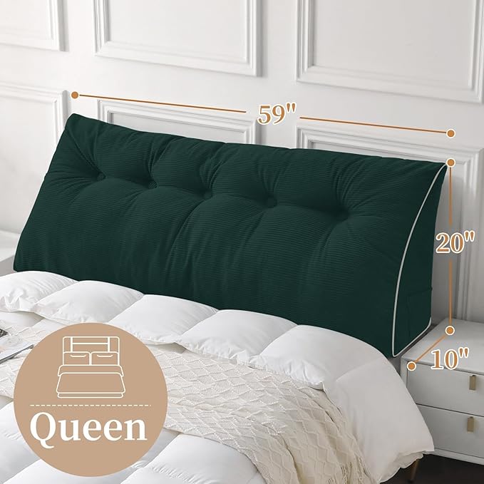 Sasttie Headboard Pillow Queen, Wedge Pillow Headboard for Sitting Up in Bed, Back-Rest Support Triangular Cushion for Reading - Features Removable Washable Cover, Green