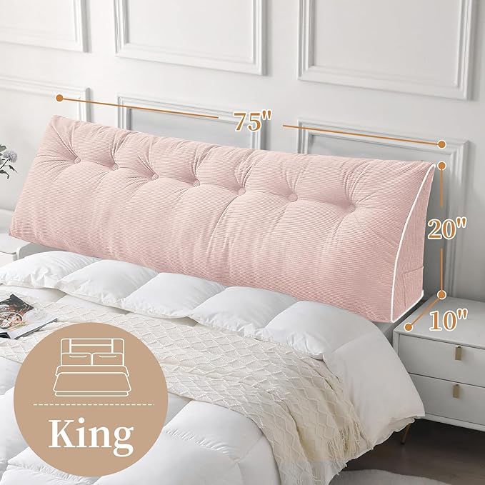 Sasttie Headboard Pillow King, Wedge Pillow Headboard for Sitting Up in Bed, Back-Rest Support Triangular Cushion for Reading - Features Removable Washable Cover, Light Pink
