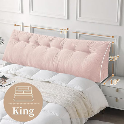 Sasttie Headboard Pillow King, Wedge Pillow Headboard for Sitting Up in Bed, Back-Rest Support Triangular Cushion for Reading - Features Removable Washable Cover, Light Pink