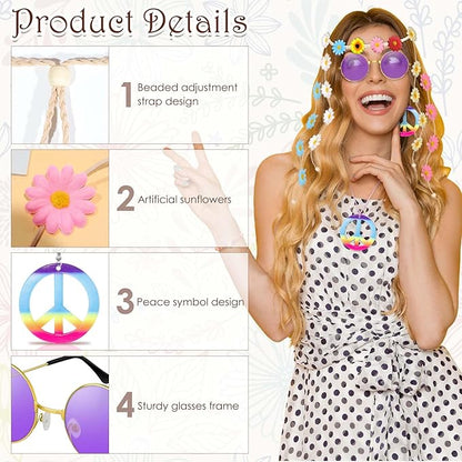 6 Pcs Hippie Costume Accessories Set, Flower Hippie Headband Boho Peace Sign Necklace Earrings Sunglasses Bracelet