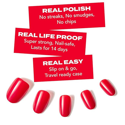 Short Red Press On Nails - Hard Candy Long Lasting Glue On Nails | Short Round False Nails with Real Polish | 24 Nail Kit in 12 Sizes, Strong Glue & Reusable Travel Case Included.
