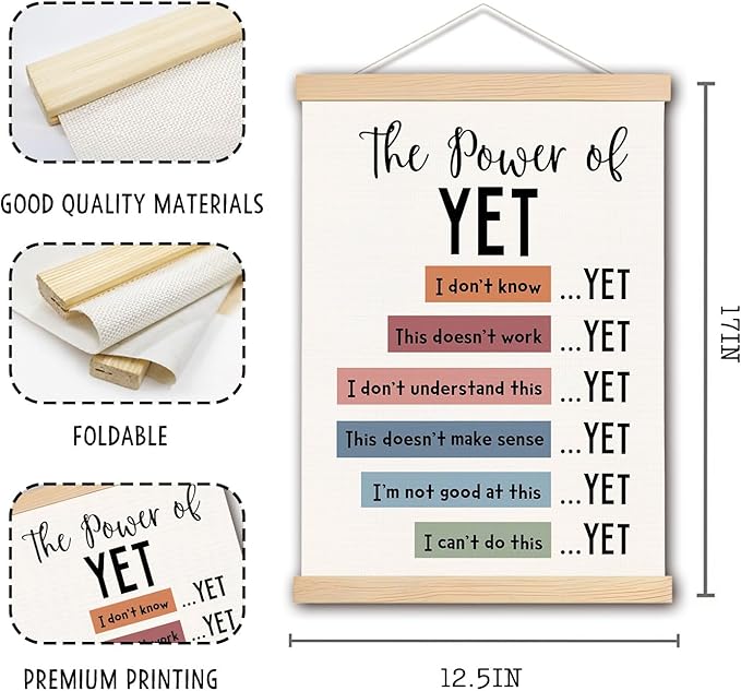 DNEULYR the Power of Yet Mental Health Wall Art Poster, Therapy Office Decor, Inspirational Psychology Wall Decor for Classroom School Counselor Office Therapist, 12x16 Inches