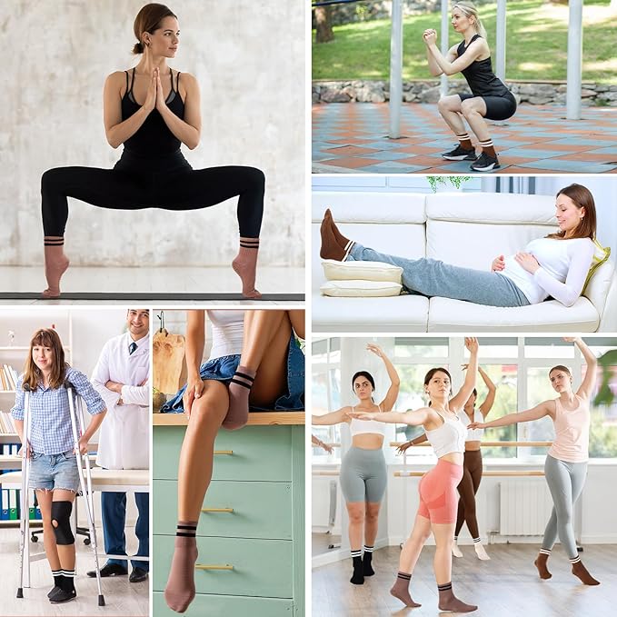 Jeyiour 4 Pairs Womens Pilates Socks with Grip Long Non Slip Yoga Crew Socks for Barre Hospital Home Workout