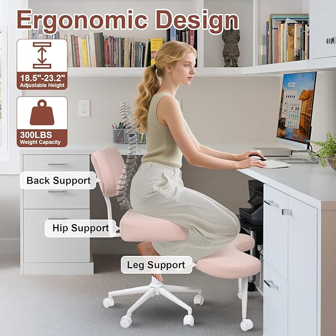 Meditation Chair, Cross Legged ADHD Office Chair for Adults with Wheels Ergonomic Back Support and Leg Rest for Multi Position Criss Cross Sitting Kneeling and Yoga Height Adjustable, Leather Style