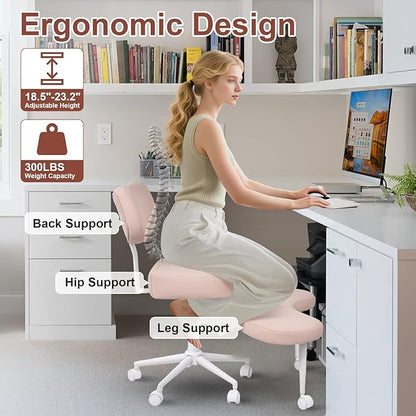 Meditation Chair, Cross Legged ADHD Office Chair for Adults with Wheels Ergonomic Back Support and Leg Rest for Multi Position Criss Cross Sitting Kneeling and Yoga Height Adjustable, Leather Style