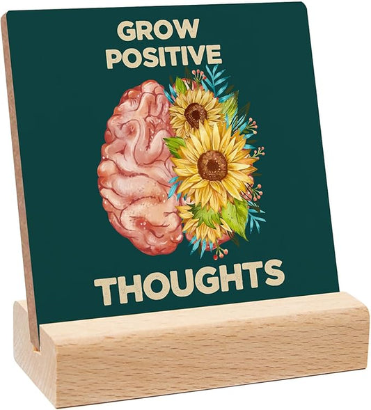 Mental Health Growth Positive Thoughts Wooden Sign Decor, Mental Health Sign With Wooden Stand, Mental Health Awareness Gifts for Psychologist School Counselor Student Boy Girl Best Friend