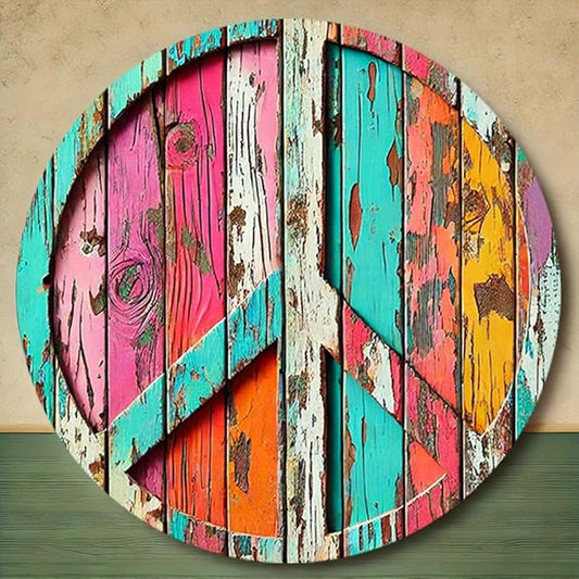 Colorful Peace Symbol Round Aluminum Sign - Vibrant High-Definition Print, Weathered Wood Design, Easy to Hang,Decorative Wall Art | Durable Print, Outdoor Decor, Perfect for Room Decor