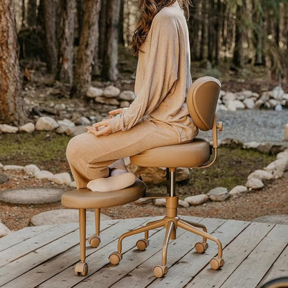 Meditation Cross Legged Chair PRO, ADHD Chair with Height Adjustable Backrest, Criss Cross Desk Use with Footrest and Wheels for Home Office, Flexible Design for Fidgety Sitters, Tan