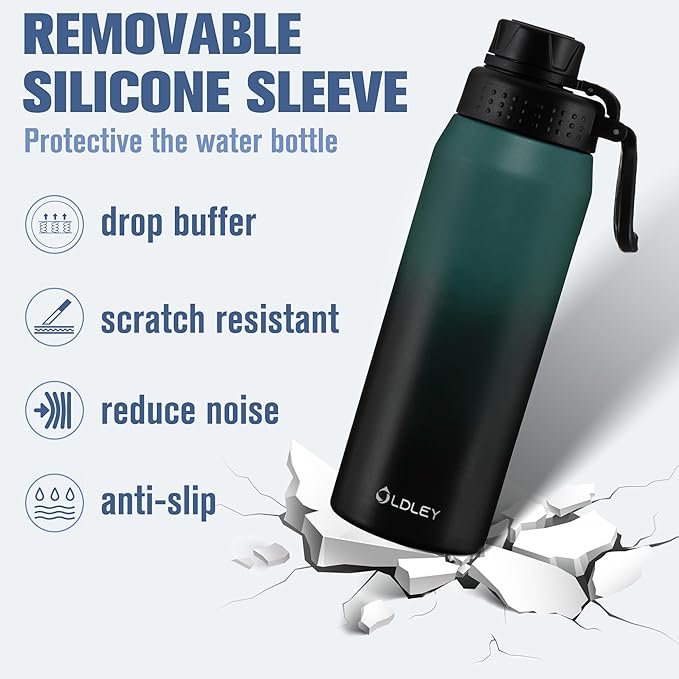 OLDLEY 24 oz Insulated Water Bottle With Straw, Stainless Steel Sports Water Cup Flask with 3 Lids(Straw, Spout and Handle Lid) Double Walled Travel Thermal Canteen Mug,Midnight Black