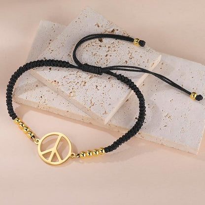 LIKGREAT Peace Sign Pendant Bracelet for Women Peace Symbol Adjustable Handmade Braided Wax Cords Beaded Bracelet