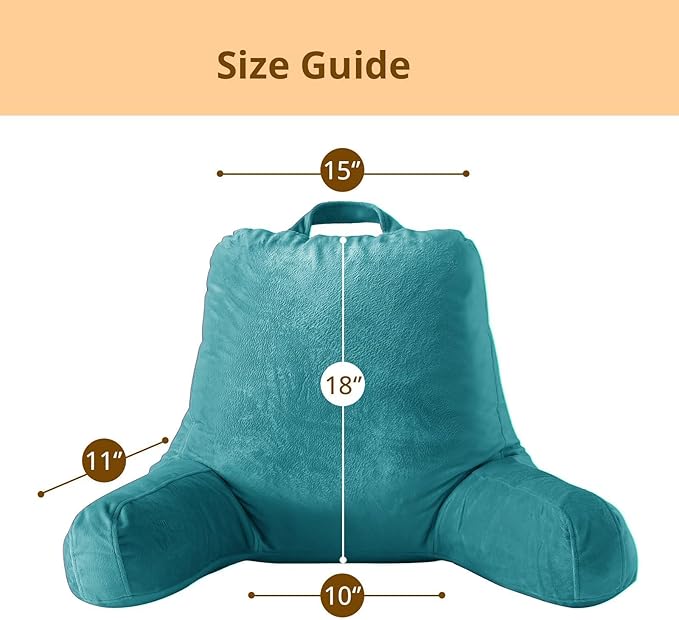 Sasttie Reading Pillow, Velvet Back Pillow for Bed Sitting Up, Adult Back-Rest Support Cushion with Arms for Sit Up on Couch, Sofa, and Floor, Dorm Essentials, Reading Accessories, Teal Blue