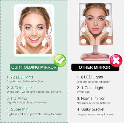 deweisn Folding Travel Mirror Lighted Makeup Mirror with 72 LEDs 3 Colors Light Modes, USB Rechargable, Portable, Ultra Thin, CompactVanity Mirror with Touch Screen Dimming for Cosmetic (Green)