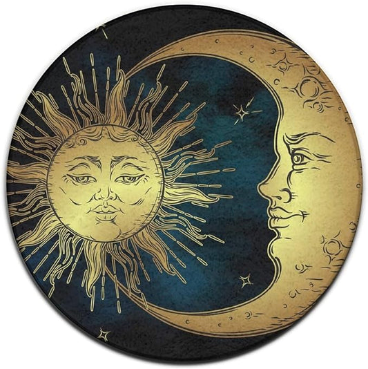Large Home Decor Mat, Soft Round Yoga Carpet, Non-Slip Machine Washable Home Office Circle Rug Compatible with Boho Gold Sun Crescent Moon Star