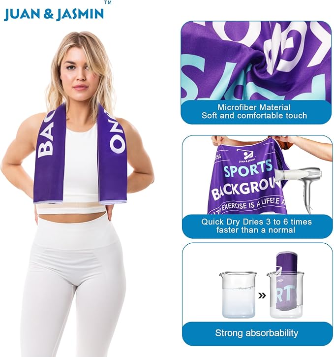 JUAN & JASMIN Microfiber Gym Towels Soft for Exercise Fitness, Sports, Workout, ODR Men & Women Quick-Drying Towels (Purple)
