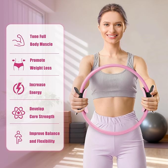 RitFit Pilates Kit - 14 Inch Pilates Ring Magic Circle with Pilates Ball, Resistance Bands & Yoga Strap, Pilates Equipment for Home Workout Toning Thighs, Arms and Core (Black/Pink)