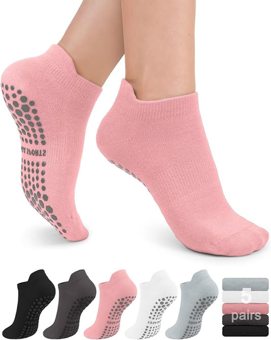 5 Pairs Pilates Grip Socks Yoga Socks with Grips for Women, Non-Slip Athletic Socks for Ballet, Dance, Workout, Hospital