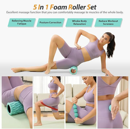 5 in1 Foam Roller Set, Trigger Point Foam Roller, Massage Roller Stick, Massage Ball, Resistance Band for Deep Muscle Massage Pilates Yoga,Fitness Exercise for Whole Body (Pure Turquoise)