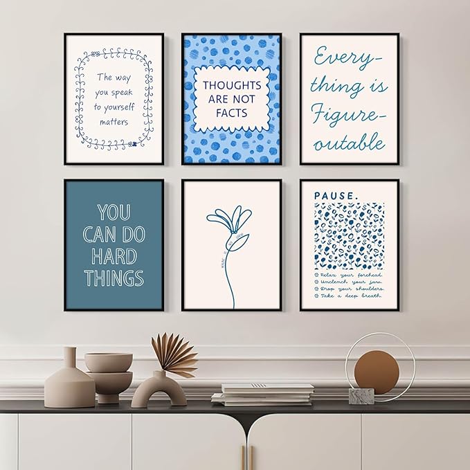 6pcs Mental Health Canvas Wall Art, You Can Do Hard Things Positive Affirmation Poster, Everything Is Figureoutable Mindfulness Print, Pause and Relax Therapy Office Wall Decor 8x12in Framed