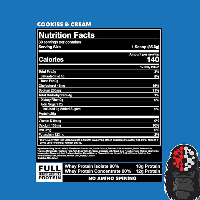 Gorilla Mind Premium Whey Protein - Cookies and Cream, 25 Grams of Whey Protein Isolate & Concentrate,Recover and Build Muscle (30 Servings)