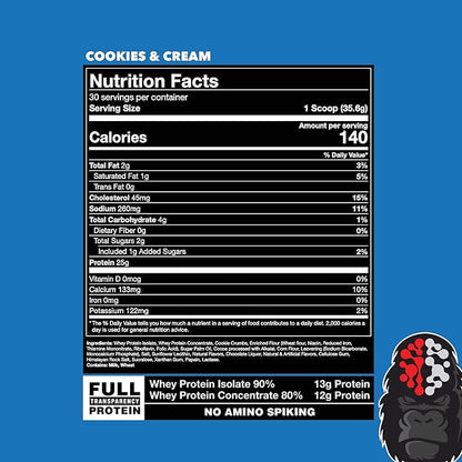 Gorilla Mind Premium Whey Protein - Cookies and Cream, 25 Grams of Whey Protein Isolate & Concentrate,Recover and Build Muscle (30 Servings)
