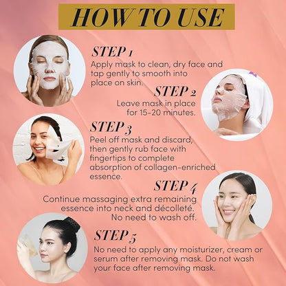 TAUT Collagen Face Mask – 5 Sheet Pack with Hyaluronic Acid, Marine Collagen & Vitamin C – Hydrating, Anti-Aging Sheet Mask for Firm, Glowing Skin – Korean Skincare Inspired