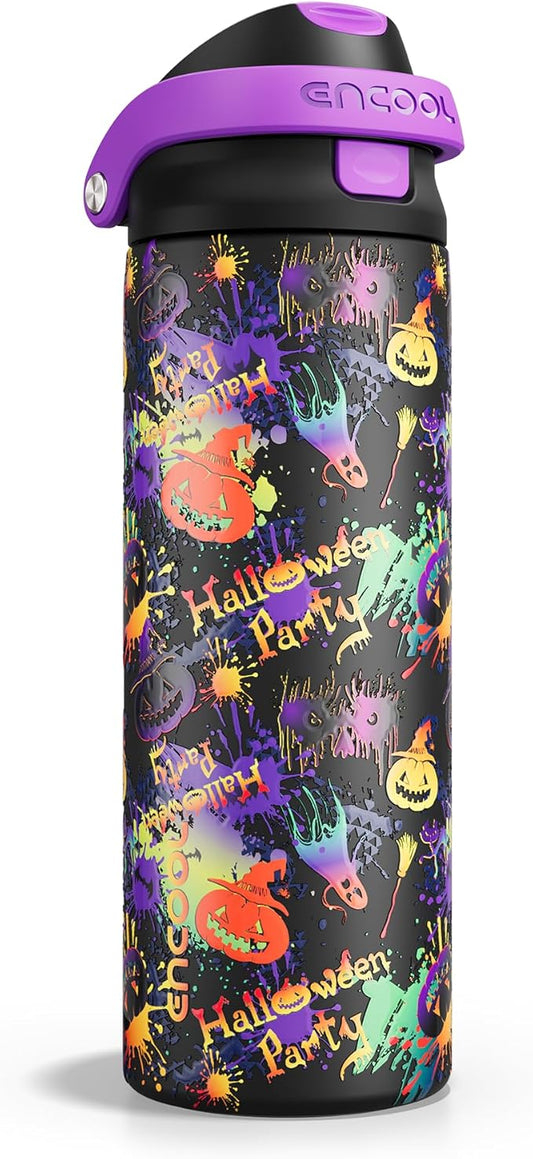 Halloween Gothic Water Bottle with Straw, Stainless Steel Insulated Water Bottle,Leak Proof, One-Touch Flip Lid, BPA Free, Holiday Gifts For Women Men, 24oz, Ghost Party