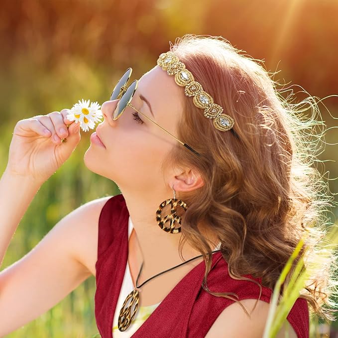 6 Pcs 60s 70s Outfits for Women Hippie Costume Set Peace Sign Earring Headband Fringe Vest Tassel Cardigan