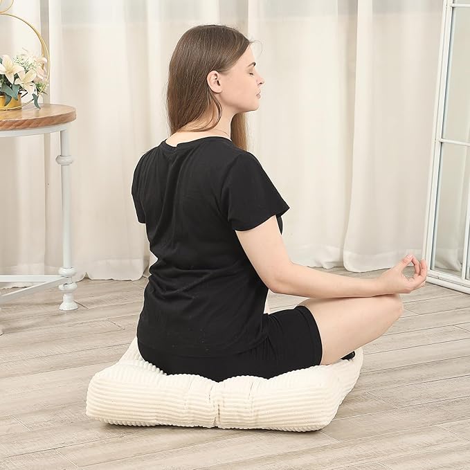 22 inches Floor Cushions for Adults, Square Large Meditation Pillow, Thick Corduroy Floor Pillows for Sitting, Yoga, Living Room, Sofa, Tatami, Beige