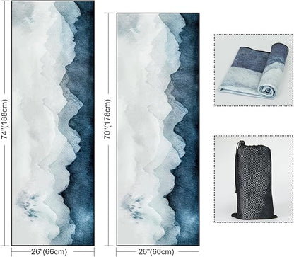 QIYI Large Yoga Mat Towel with Corner Pockets, Non Slip Sweat Absorbent Hot Yoga Towels, Soft Yoga Blankets with Travel Bag, Skidless Mat Cover for Workout, Gym, Fitness - 74"x26", Watercolor Mountain