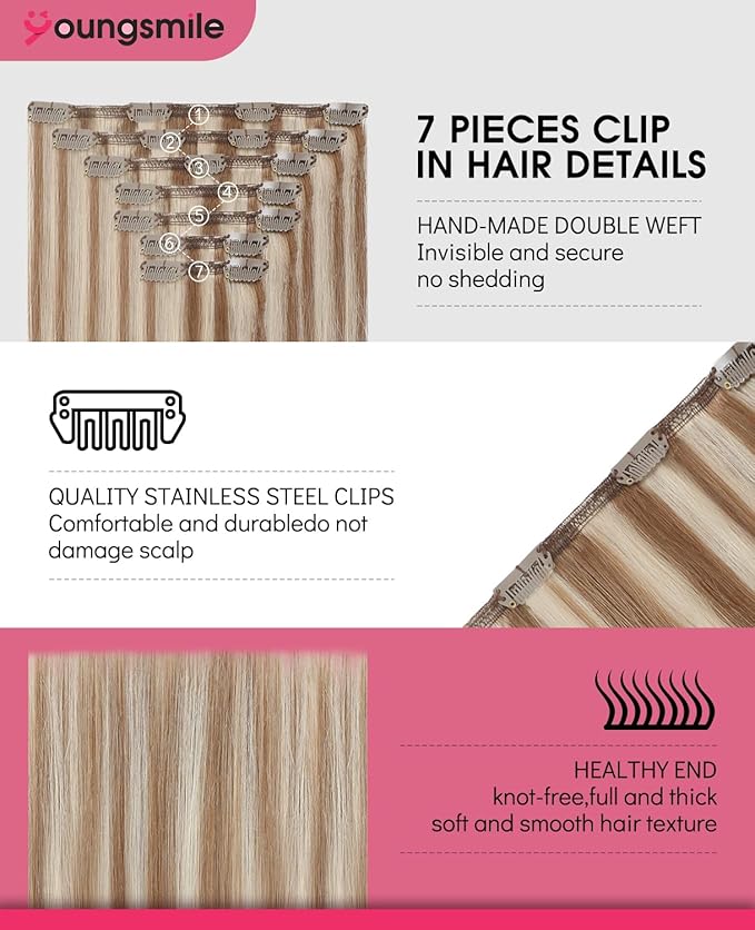 Youngsmile Human Hair Clip in Extensions Color 8 Ash Brown mixed 60 Blonde 14 Inch Clip in Real Human Hair Extensions Long Silk Straight Double Weft 140 Gram 7 Pcs (7C#8P60-16Inch)