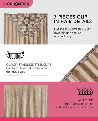 Youngsmile Human Hair Clip in Extensions Color 8 Ash Brown mixed 60 Blonde 14 Inch Clip in Real Human Hair Extensions Long Silk Straight Double Weft 140 Gram 7 Pcs (7C#8P60-16Inch)