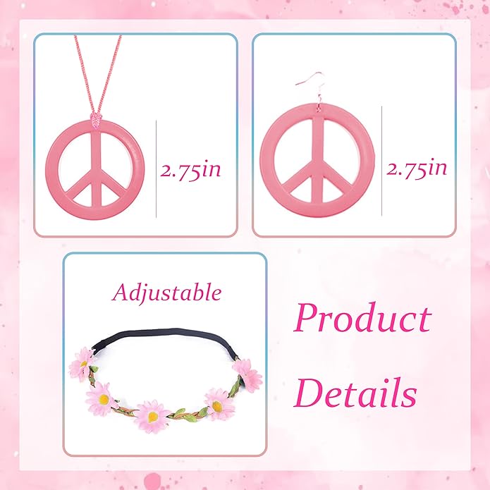 choice of all Peace Sign Necklace Earrings Sunflower Headband Set for Women 60s 70s Outfits Hip Hop Hippie Jewelry Halloween Costume Accessories