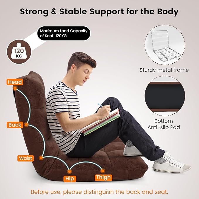Moccha 14-Position Floor Chair, Folding Sofa Chair with Back Support, Memory Foam Floor Gaming Chairs for Adults, Adjustable Padded Couch Recliner Sleeper Bed for Reading, Meditating, Brown