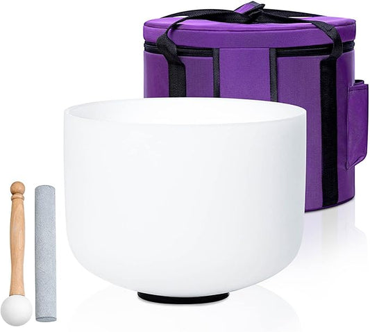 White G Note 8 inch Quartz Crystal Singing Bowl, for Healing Mindfulness Meditation Yoga Sound Baths, with Case Rubber Mallet