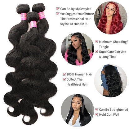 12A Body Wave 3 Bundles With 5x5 Closure (18 20 22 +16 Inch) Body Wave Bundles with Closure Human Hair 100% Unprocessed Brazilian Virgin Quick Weave Bundles Human Hair Natural Black