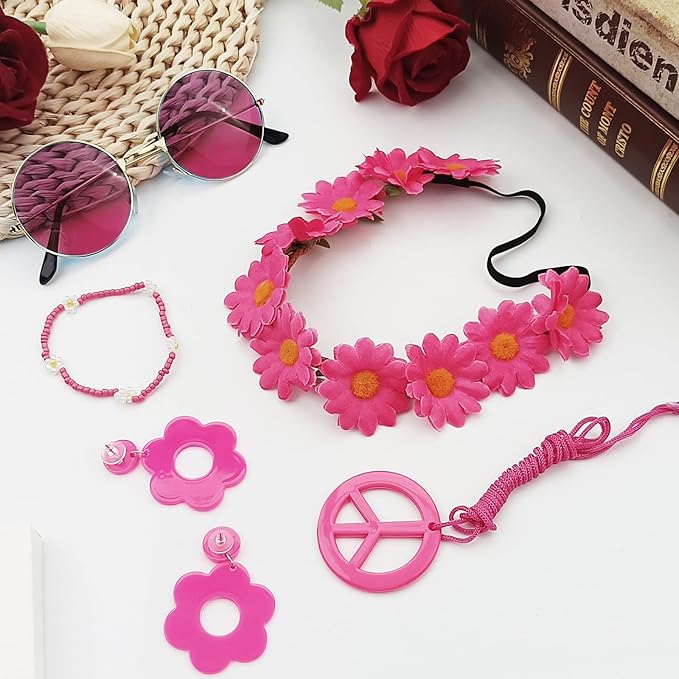 Hippie Costume Accessories Set Peace Sign Necklace Sunglasses Flower Headband Earrings for 60s 70s Outfit Party Women