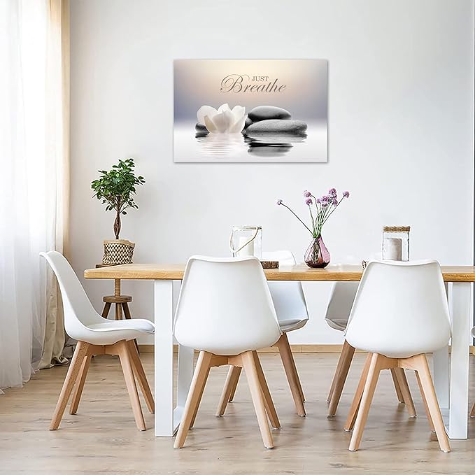 Zen Stone Canvas Wall Art Just Breathe Yoga Quotes Poster for Spa Decor White Lotus Flower Pictures Prints for Bathroom Modern Spiritual Artwork Framed (12 x 16inches)