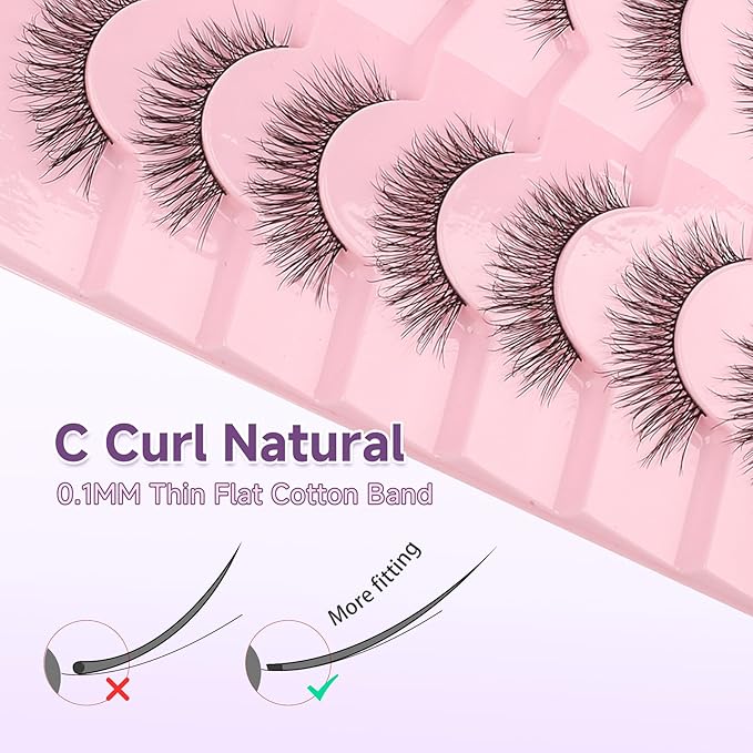 Natural Lashes False Eyelashes 15mm Wispy Eyelashes with Thin Band 3D Volume False Lashes Soft Strip Lashes Pack C Curl Natural Eyelashes Fake Lashes 7 Pair EVENTILL