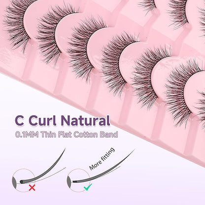 Natural Lashes False Eyelashes 15mm Wispy Eyelashes with Thin Band 3D Volume False Lashes Soft Strip Lashes Pack C Curl Natural Eyelashes Fake Lashes 7 Pair EVENTILL