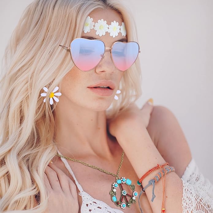 4 Pcs Hippie Costume Accessories Set 70s Peace Sign 60s Outfits for Women Necklace Daisy Earrings Flower Headband Sunglasses