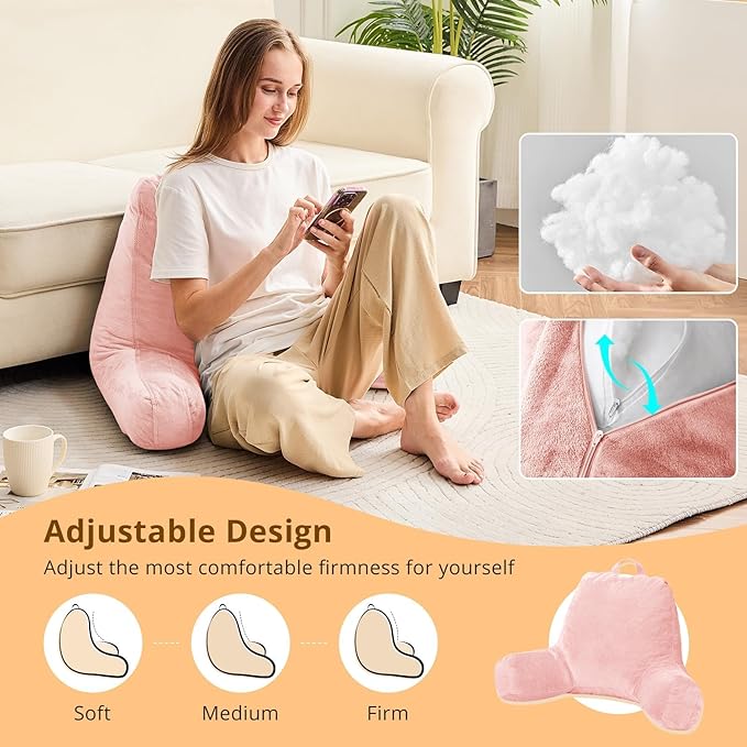 Sasttie Reading Pillow, Velvet Back Pillow for Bed Sitting Up, Adult Back-Rest Support Cushion with Arms for Sit Up on Couch, Sofa, and Floor, Dorm Essentials, Reading Accessories, Peach