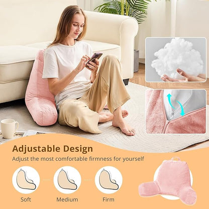 Sasttie Reading Pillow, Velvet Back Pillow for Bed Sitting Up, Adult Back-Rest Support Cushion with Arms for Sit Up on Couch, Sofa, and Floor, Dorm Essentials, Reading Accessories, Peach