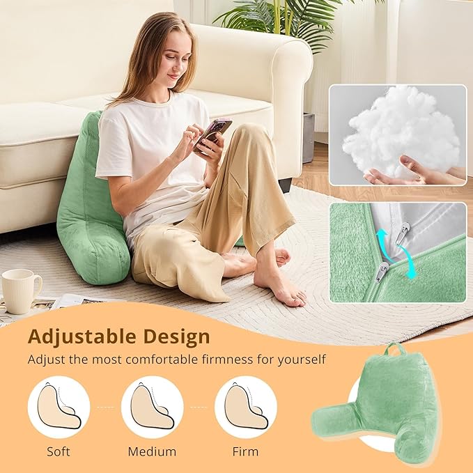 Sasttie Reading Pillow, Velvet Back Pillow for Bed Sitting Up, Adult Back-Rest Support Cushion with Arms for Sit Up on Couch, Sofa, and Floor, Dorm Essentials, Reading Accessories, Light Green
