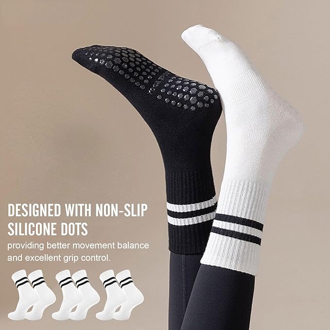 3 Pairs Non Slip Yoga Socks for Women Anti-skid Long Socks for Yoga, Barre, Ballet, Dance, Barefoot Workout Gym