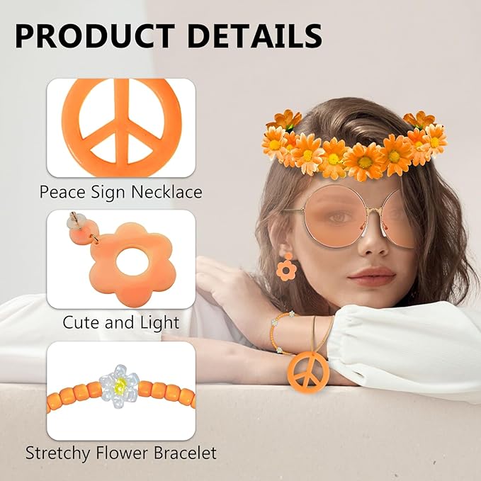 Hippie Costume Accessories Set Peace Sign Necklace Sunglasses Flower Headband Earrings for 60s 70s Outfit Party Women