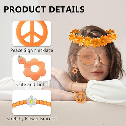 Hippie Costume Accessories Set Peace Sign Necklace Sunglasses Flower Headband Earrings for 60s 70s Outfit Party Women